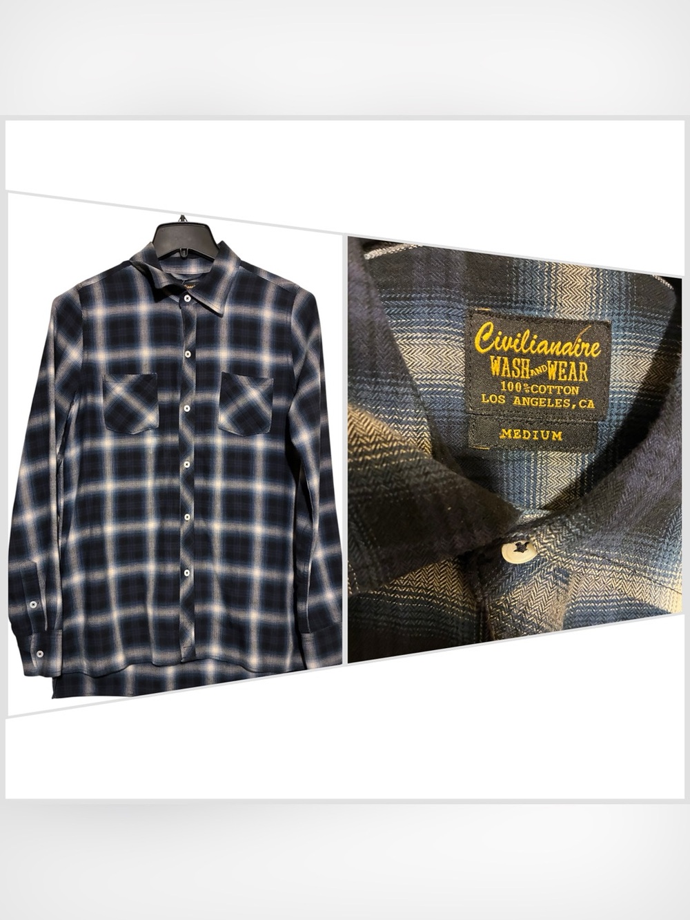 Civilianaire Sz M Button Up Soft Cotton Flannel Shirt Blue White Plaid USA Light